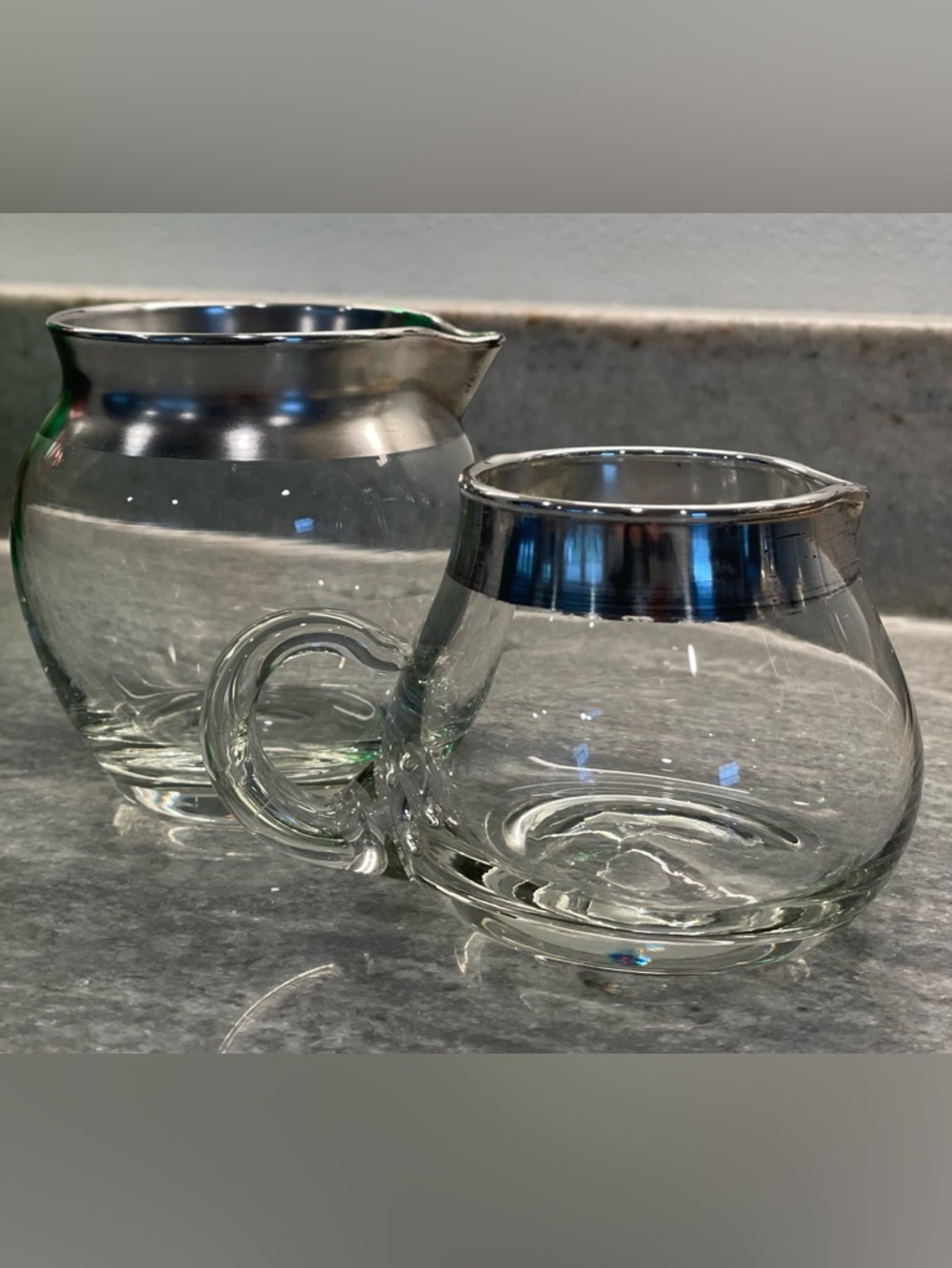 Vintage Dorothy Thorpe Glass Creamer and Sugar Set with Sterling Silver Rim